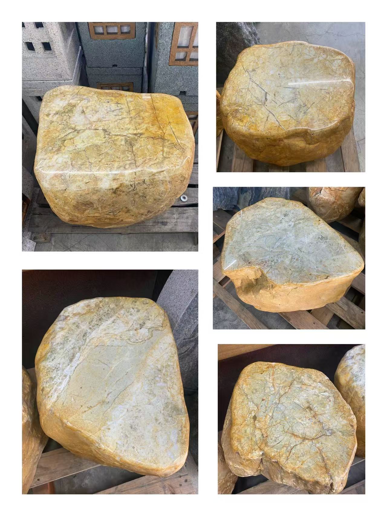 黃蠟石石椅金黃色澤與自然石紋細節近景