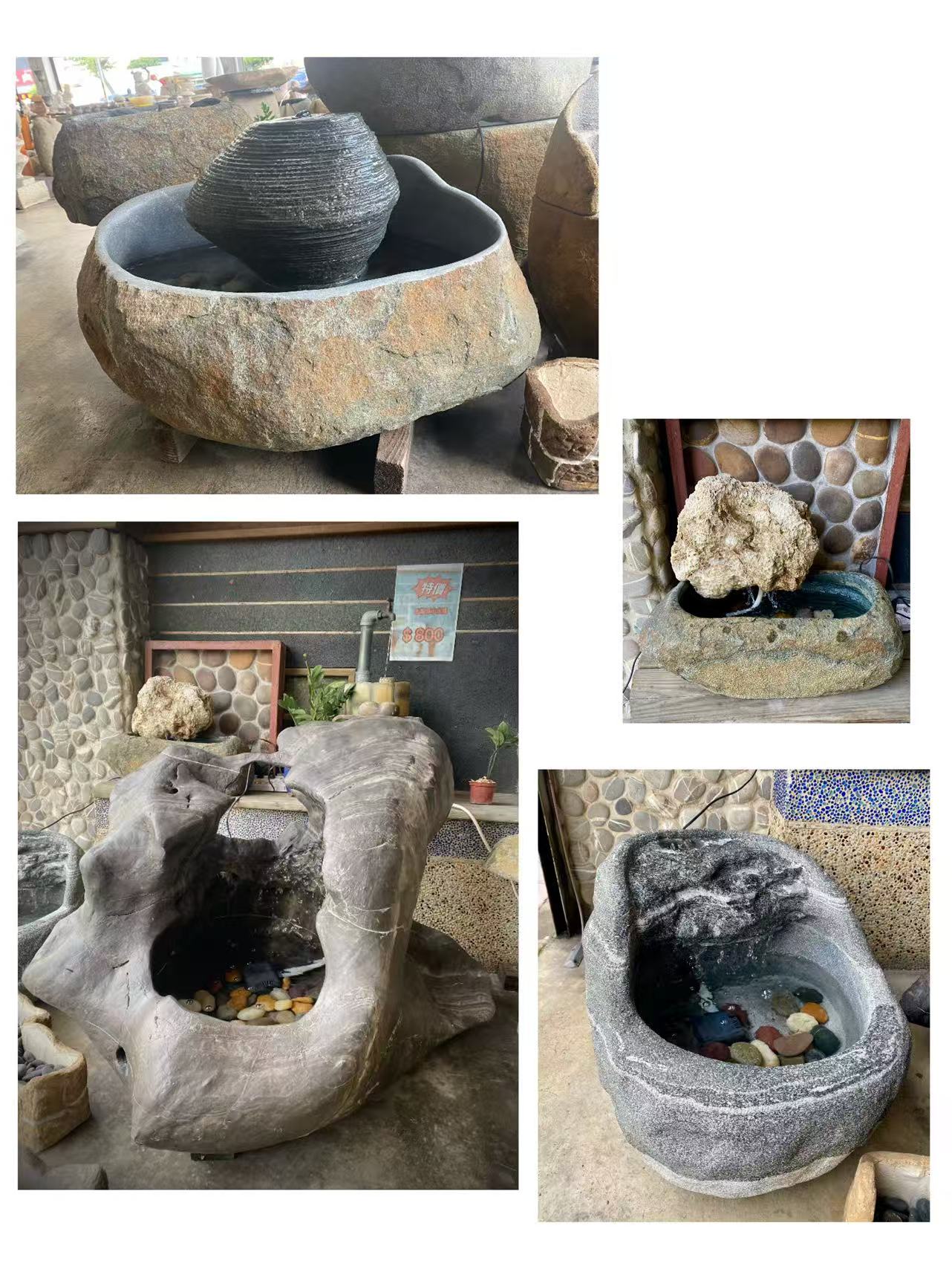 四組天然石材水景作品展示，包含黑花水景、青石湧泉、一體小水景與景石小水景