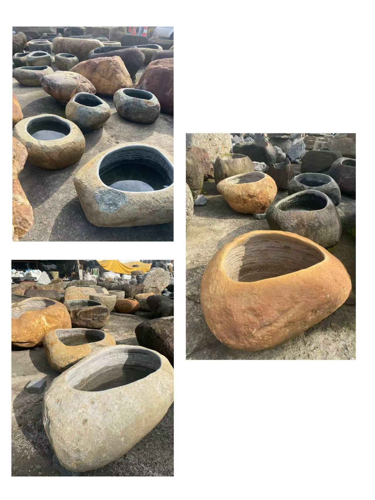天然石缽盆厚實質感與自然盆形，適合作為庭院水缽或植栽容器