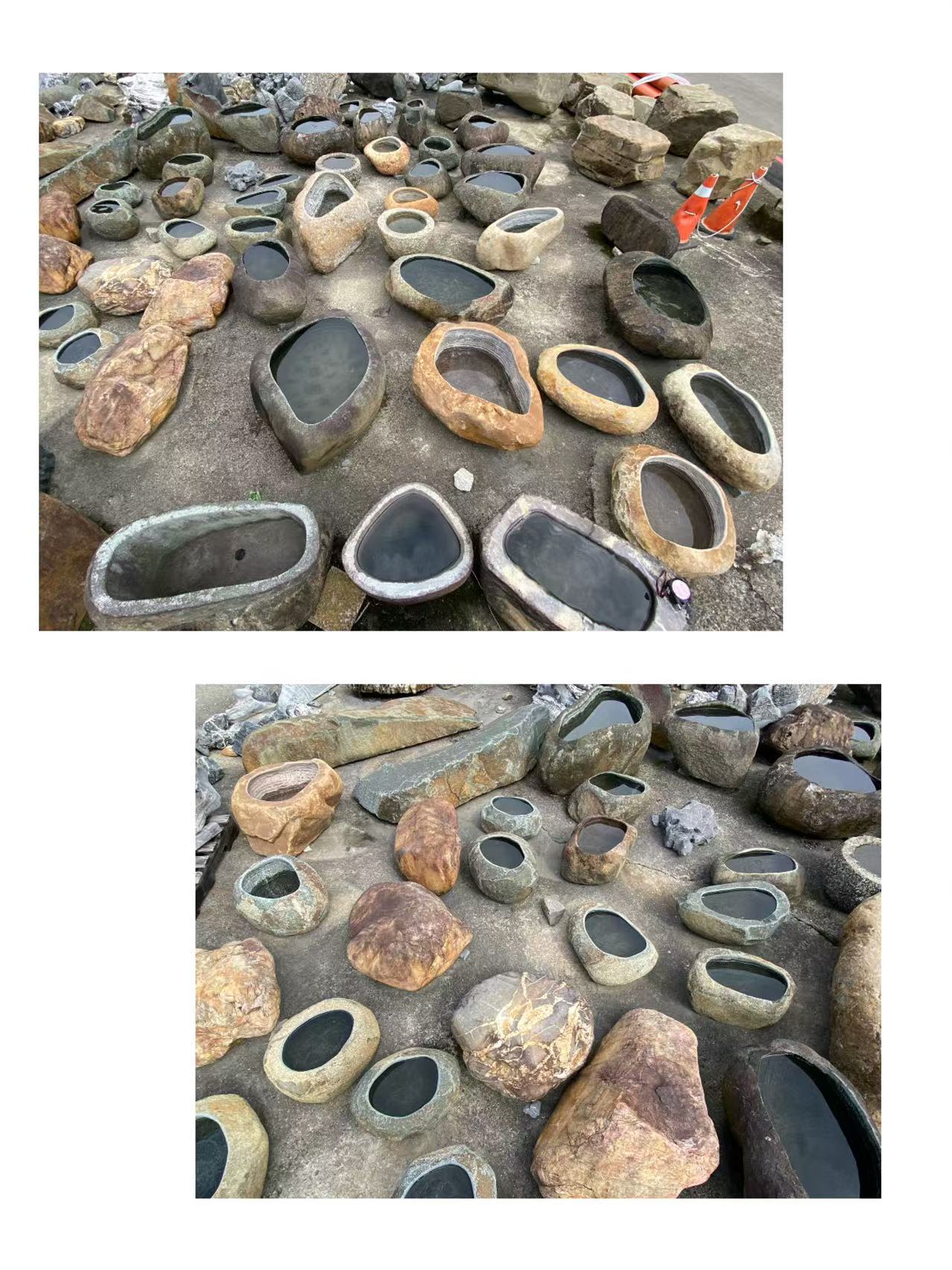 石缽盆色澤多樣可融入日式庭園與景觀造景空間，耐看且具自然美感
