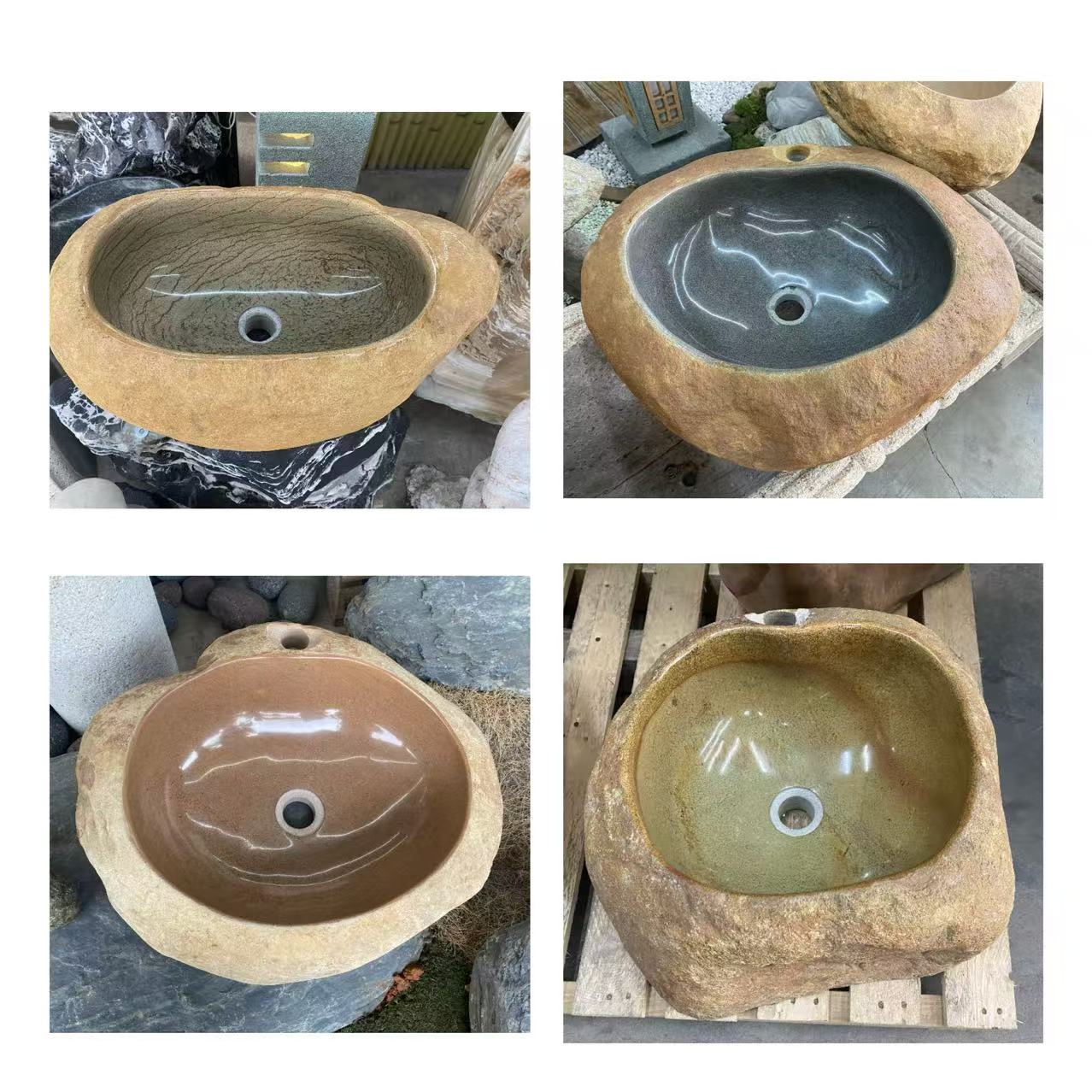 天然洗手盆外型保留原石質感，色澤溫潤紋理自然